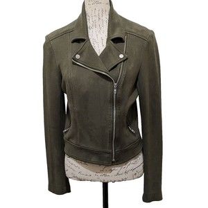 Anthropologie Level 99 Olive Moto Jacket Med Suede Like Zip Front Fun